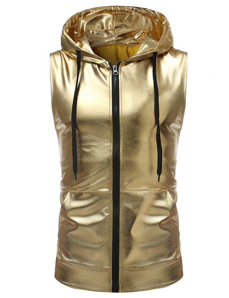 ZEROYAA Mens Hipster Metallic Zip Up Sleeveless Hooded Vest T Shirt with Kangaroo Pocket Z86 Gold Medium - Image 1